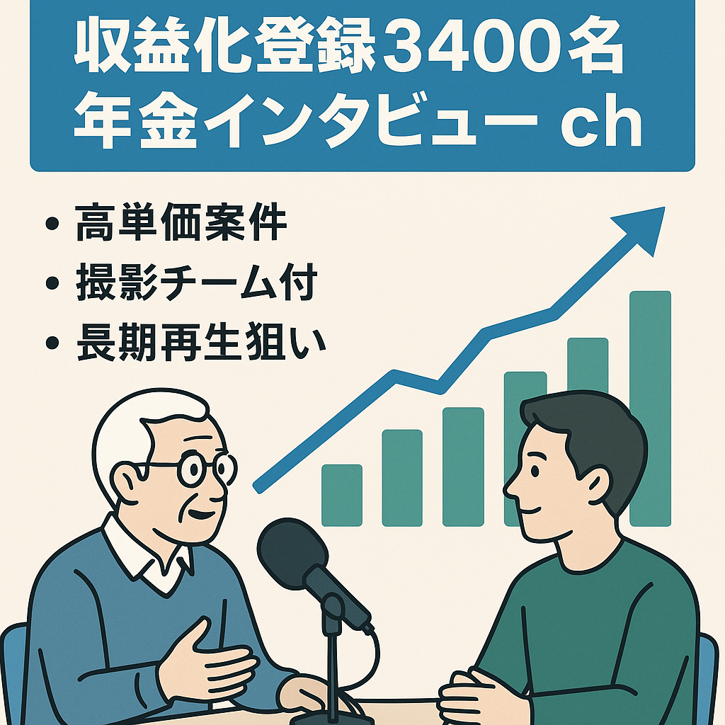 【収益化済 登録者数3400名】話題の年金インタビューch！伸び代あり⚫︎高単価⚫︎フル外注ch！