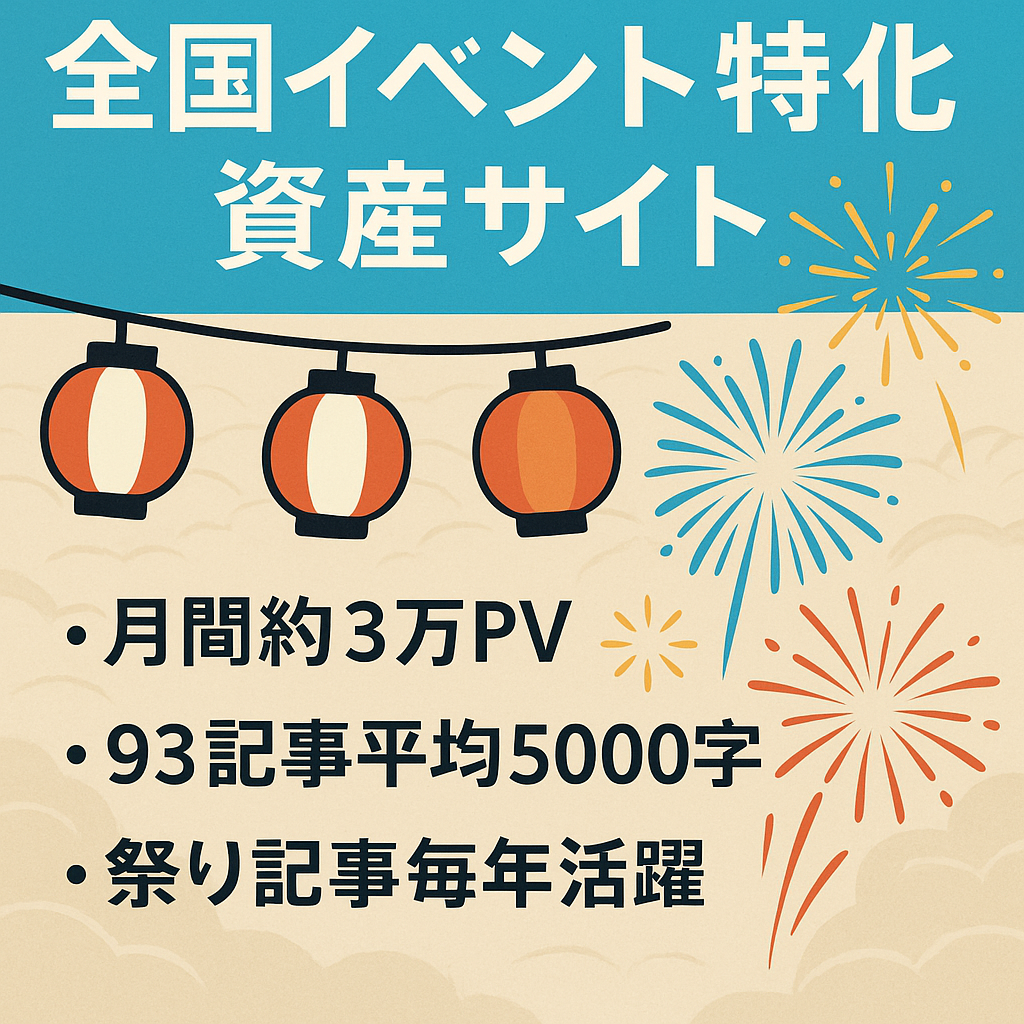 【3万PV収益5桁超】全国お出かけイベント特化の資産型サイト/93記事/上位表示多数