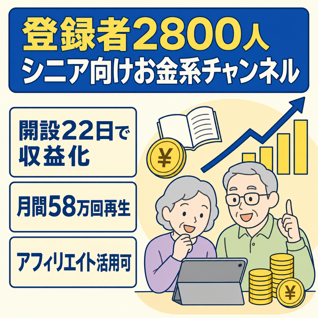【開設22日で収益化】登録者2800人シニアお金系非属人チャンネル｜1週間で収益5万超 | 月間60万再生（長尺）