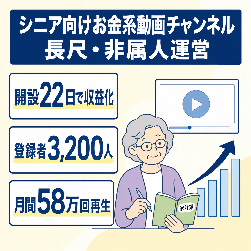 【開設22日で収益化】登録者3200人シニアお金系非属人チャンネル｜1週間で収益5万超 | 月間48万再生（長尺）