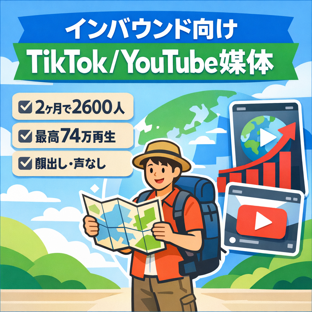 【最高再生数74万再生 / 今ホットなインバウンド向け垢】立ち上げ2ヶ月で総フォロワー数2,600人突破の月間110万imp以上インバウンド向けメディア（TT/YTセット販売）