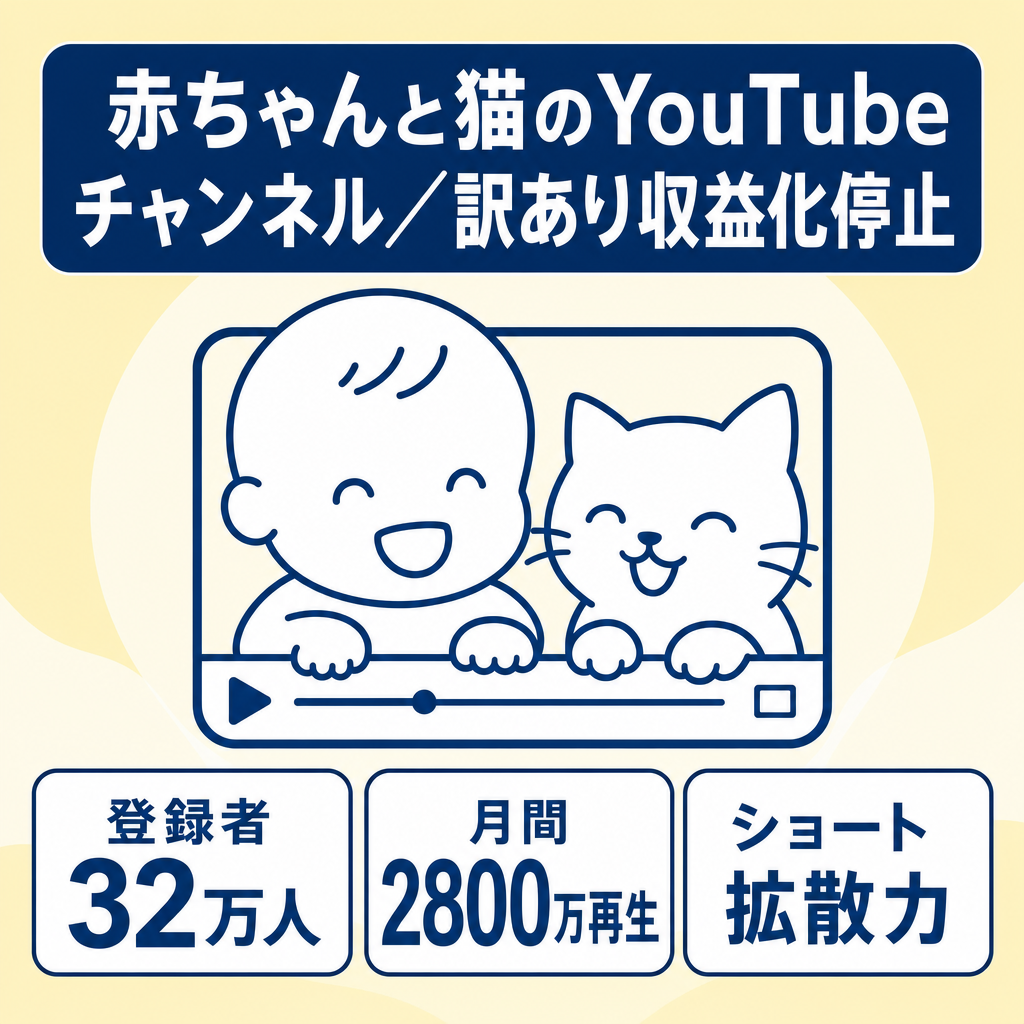 訳あり：【登録者32万人】赤ちゃんと猫のYouTubeチャンネル／月間2800万再生・48時間100万再生実績あり ＊訳あり　収益化停止