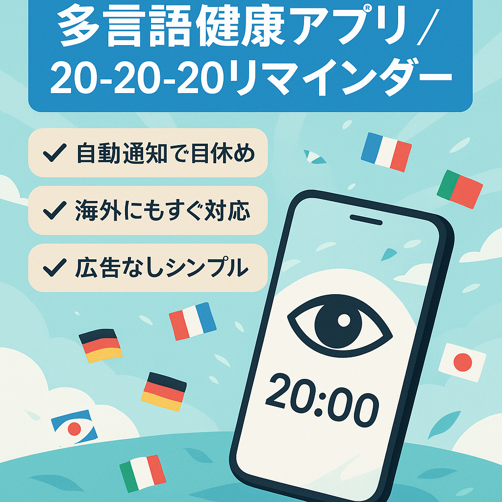 20-20-20ルールで目の疲れを防ぐ多言語健康アプリです