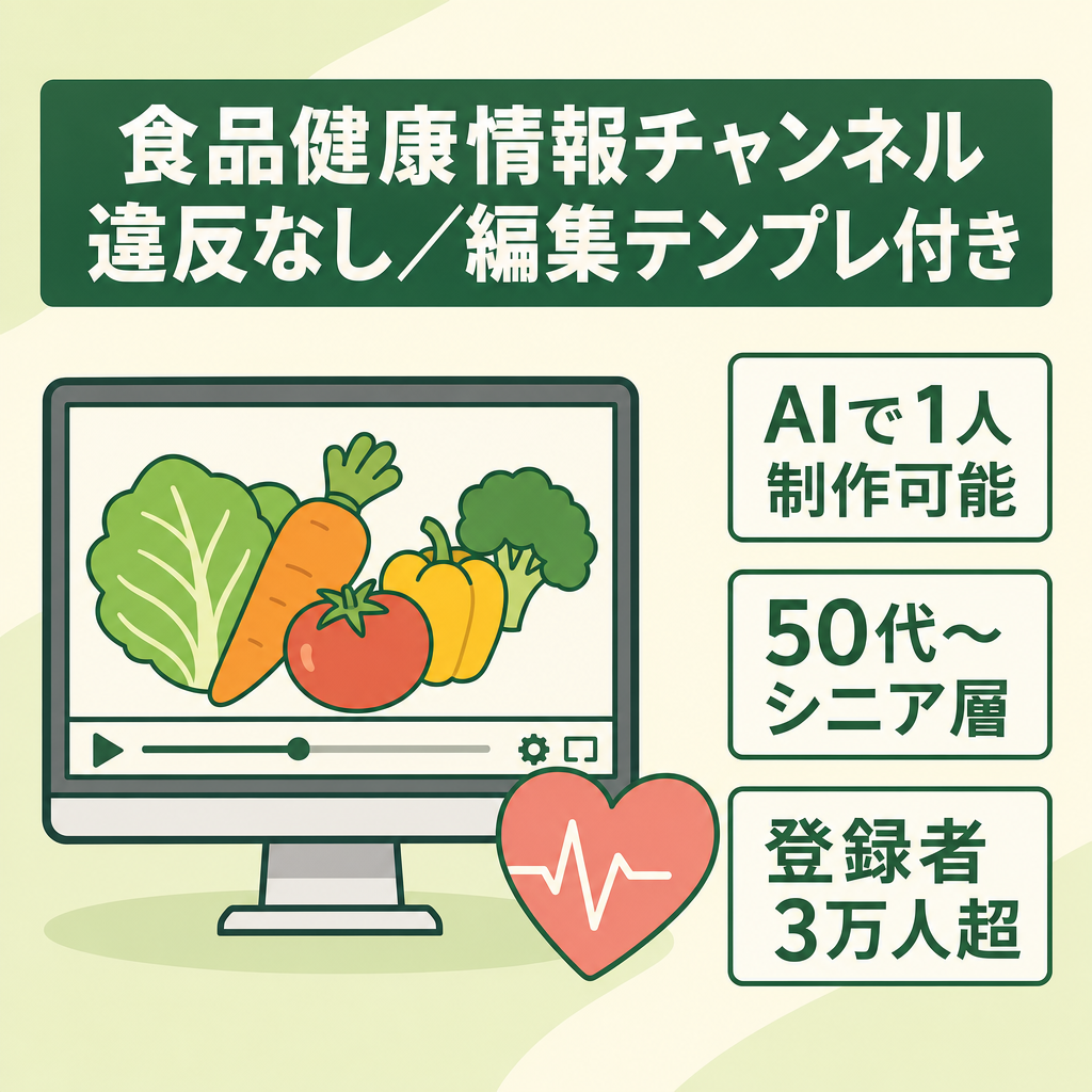 ★登録者3.0万人★非属人CH！違反無し■食品類健康情報チャンネル売却●編集に必要なテンプレ付き