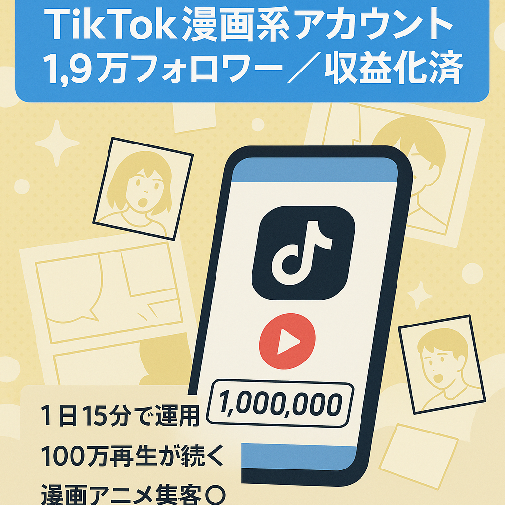 【TikTokフォロワー1.9万以上！収益化済】再生数100万超え動画複数！漫画系アカウント（属人性なし）