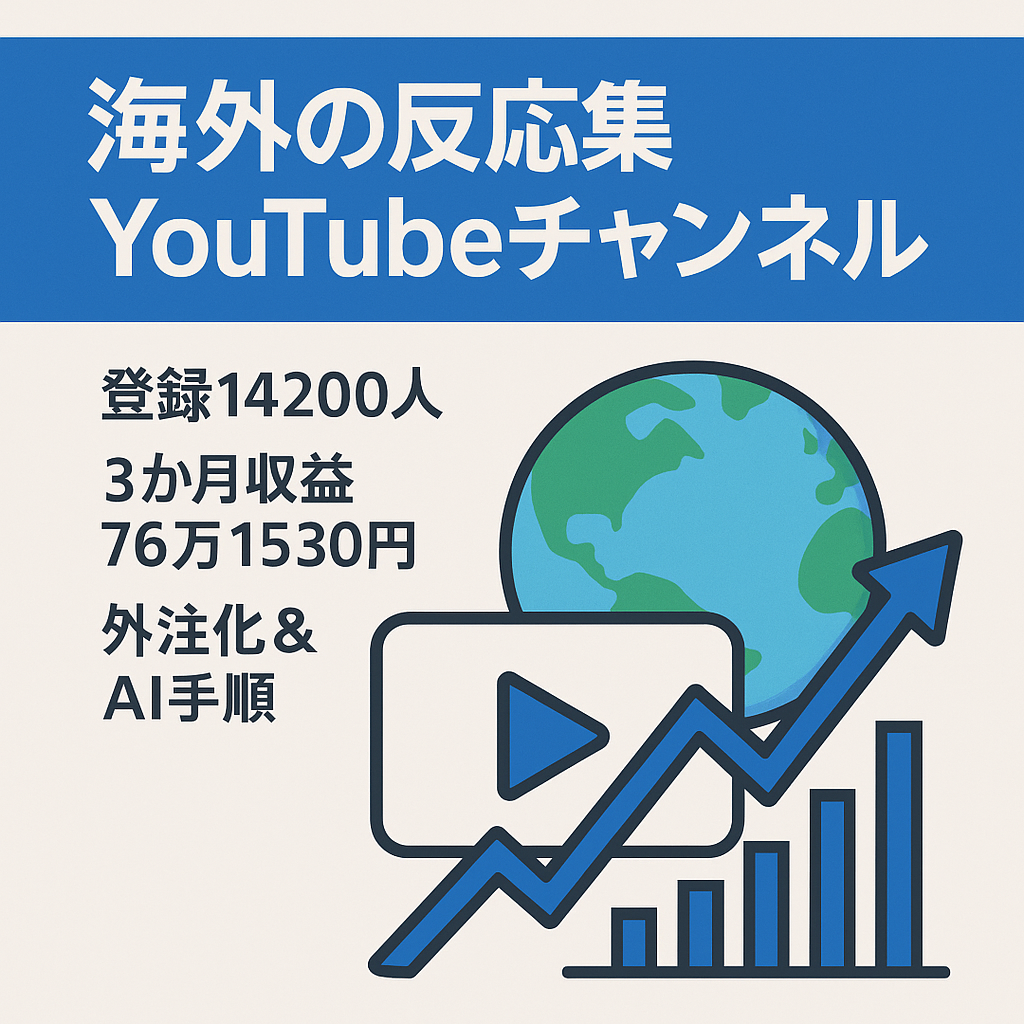 チャンネル登録14,200人、直近3ヶ月間の収益761,530円の海外の反応集YouTubeチャンネル。外注仕組化、データ、手順書、AIプロンプト譲渡で再現性あります。