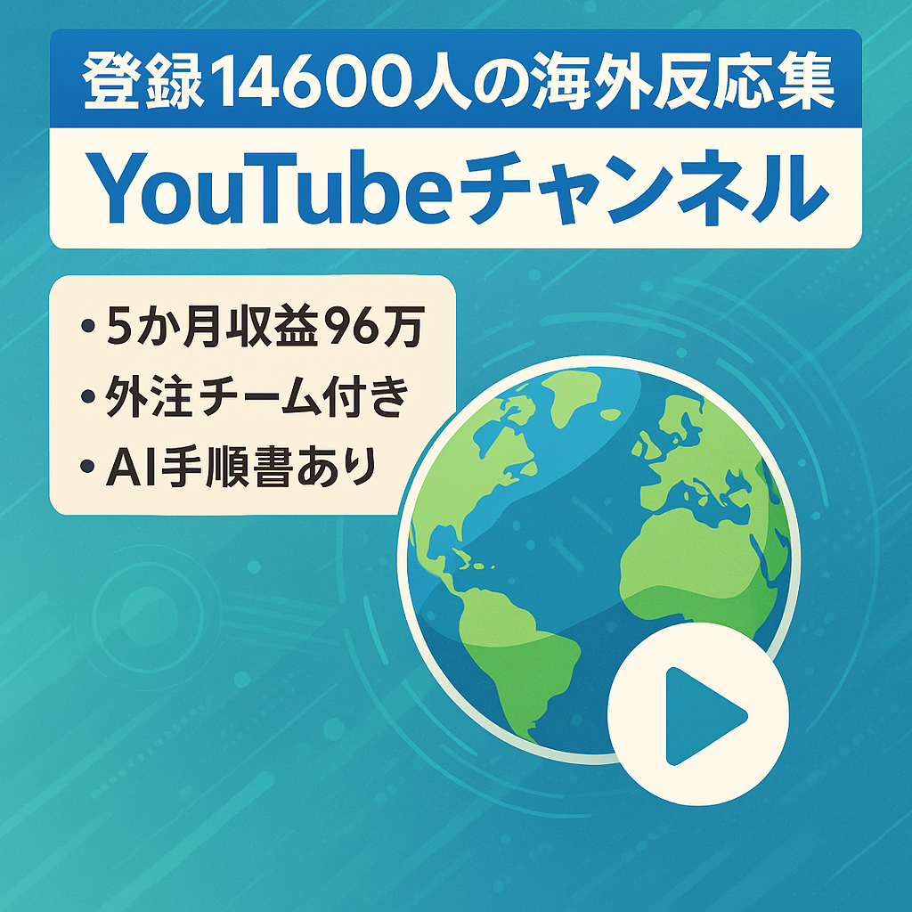 チャンネル登録14,600人、直近4ヶ月間の収益96万円の海外の反応集YouTubeチャンネル。外注仕組化、データ、手順書、AIプロンプト譲渡で再現性あります。