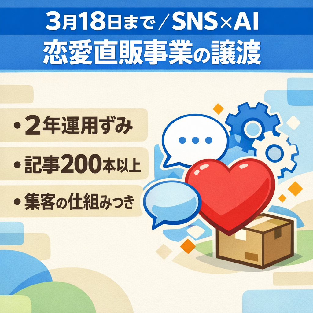 【3月18日まで】SNS×AI活用の恋愛D2C事業。200本以上の記事資産と集客の仕組みを丸ごと譲渡。