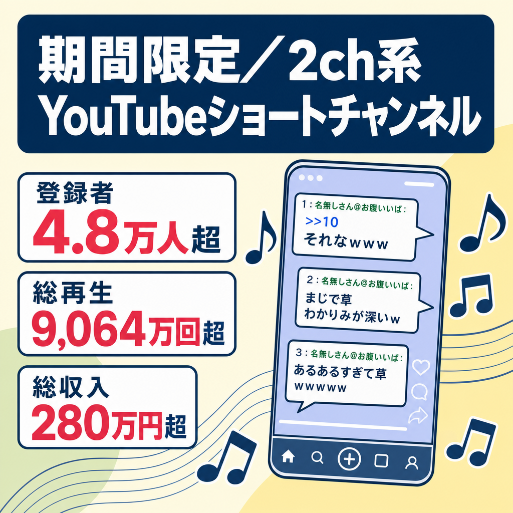 【期間限定！】登録者4.8万人超え！2023年12月に最高月収約38万円！2ch系YouTubeショート動画チャンネル
