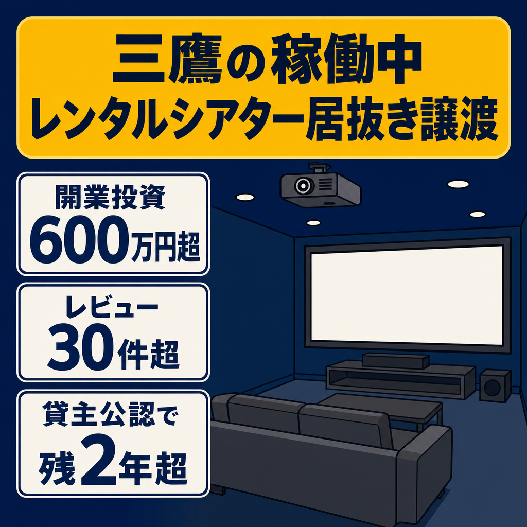 【東京・三鷹】レンタルシアター(プライベートシアター)居抜き譲渡｜稼働中・3媒体レビュー30件超・映画鑑賞/女子会/推し活