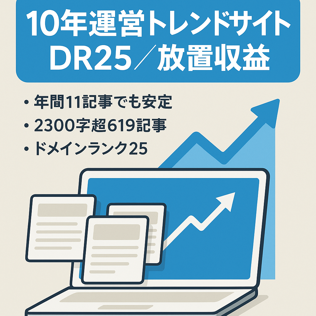 【10年の安定運営】放置で収益発生の中長期トレンドサイト（DR25 / 記事数619）
