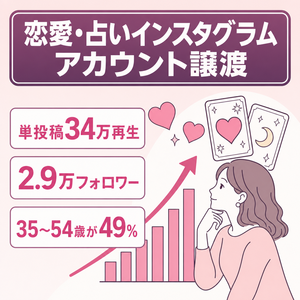 【単投稿34万再生超】恋愛・占い導線Instagram｜フォロワー2.9万・30〜50代女性メイン・複数マネタイズ導線構築済み