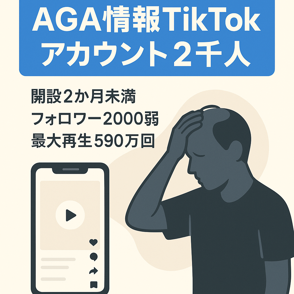 【TikTokフォロワー２０００人弱】AGA（ハゲ）情報を発信して、若ハゲに悩んでいるユーザーが集まっています。