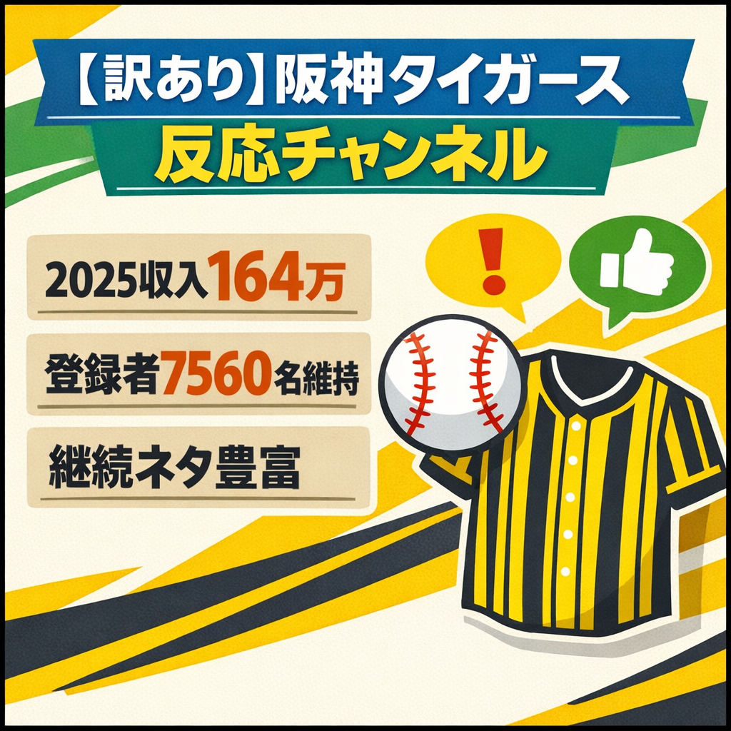 【訳あり】野球の阪神タイガース反応チャンネル｜2025年収入164万円・登録者7560名維持中！