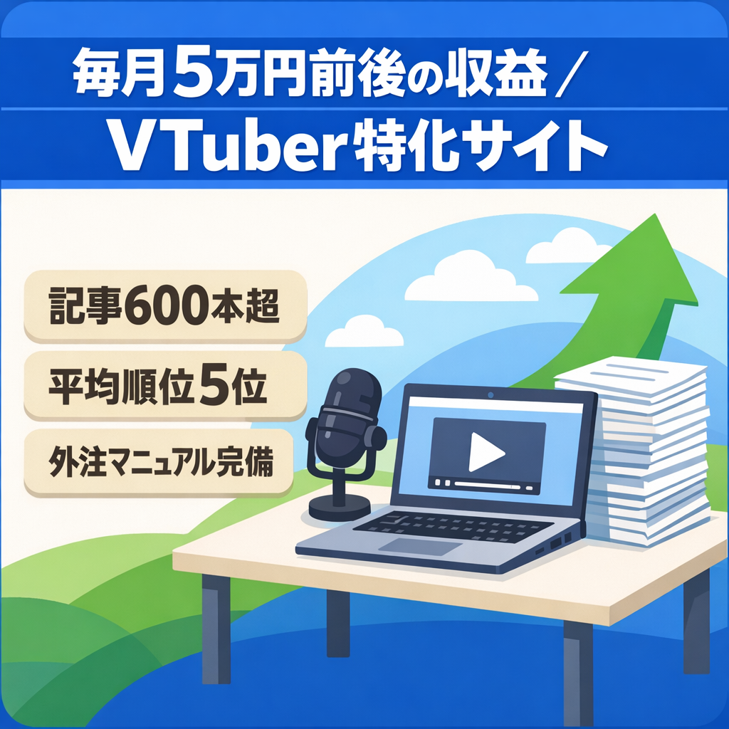 【毎月5万円前後の収益】記事数600以上のVTuber特化サイト！アップデート被弾なし/完全新規ドメインホワイトハック運用