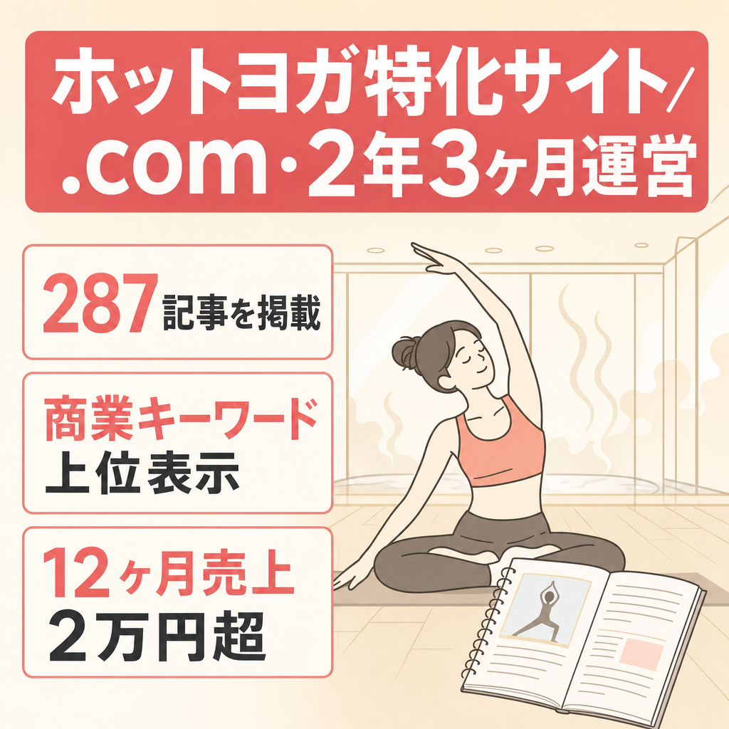 ホットヨガ特化287記事／2年3ヶ月運営の.comドメイン｜リライト再生向け素材サイト