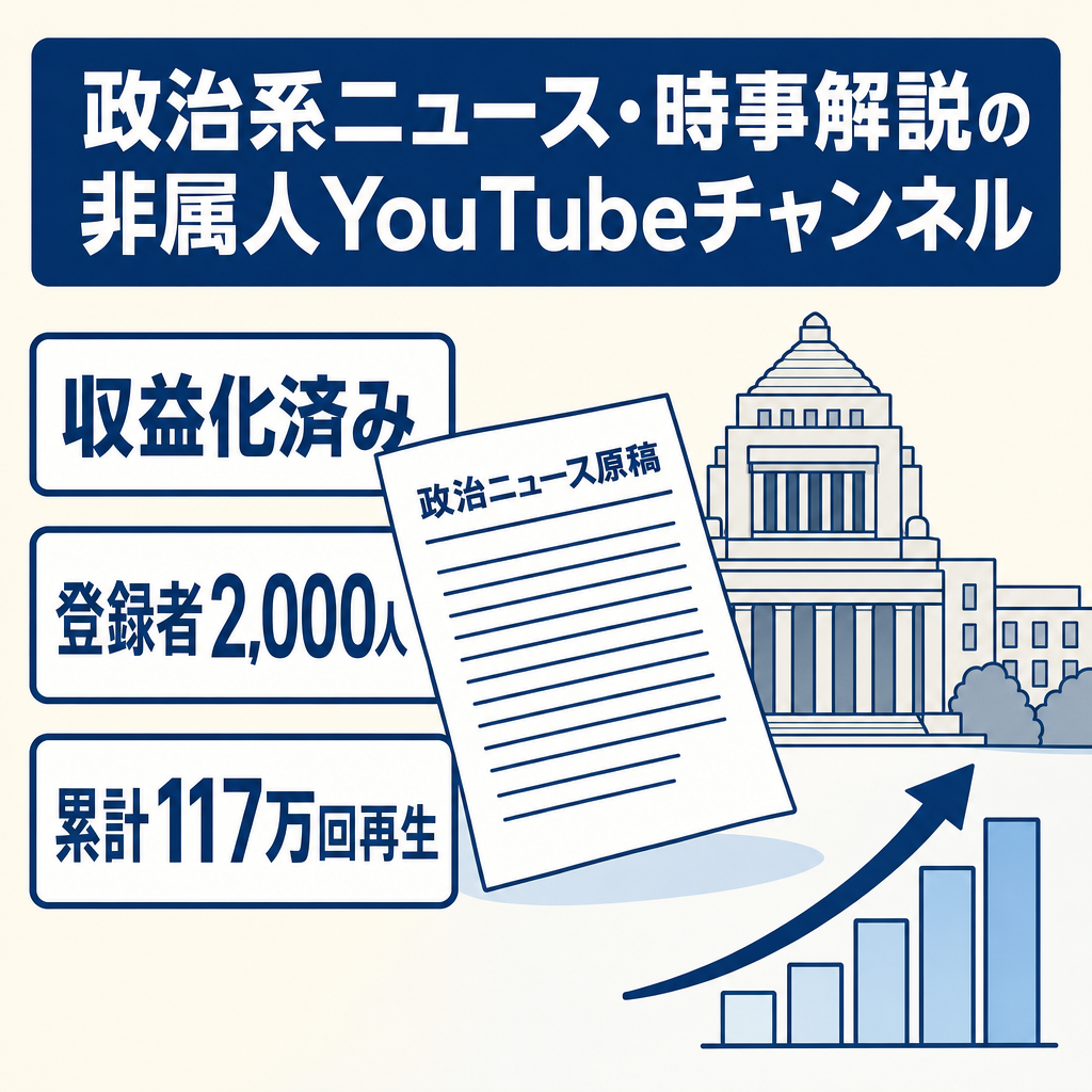 【政治系ニュース・時事解説】収益化済みYouTubeチャンネル｜登録者2,000人・累計117万回再生・非属人チャンネル