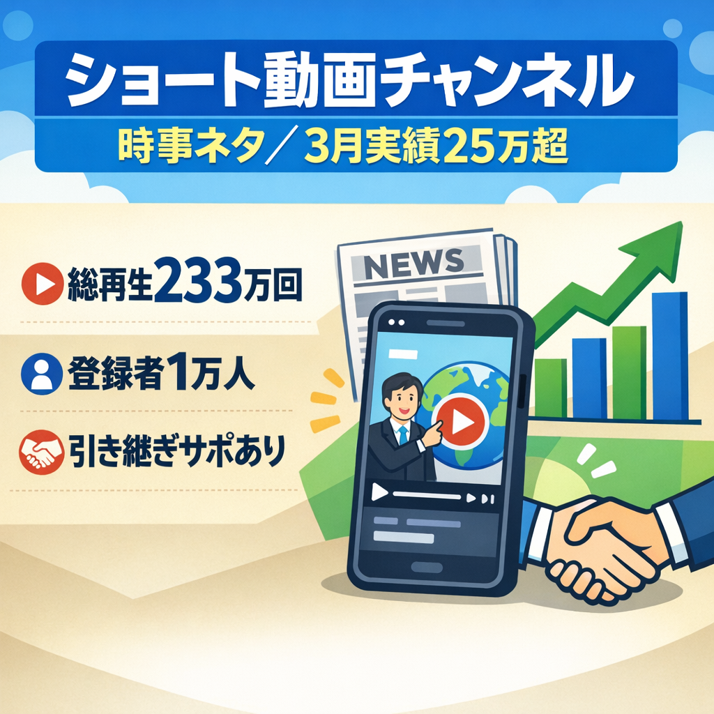 交渉可能！【3月は25万円超】収益化済み！ショート動画、引き継ぎサポートあり/時事ネタ