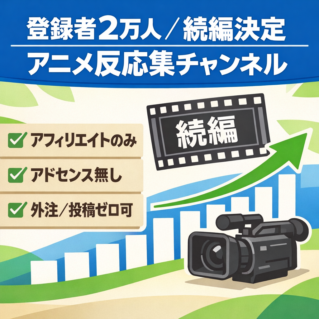 訳あり【アフィリエイトのみ】2か月間動画投稿0本の反応集チャンネル｜アニメ続編の制作決定｜登録者2万人以上