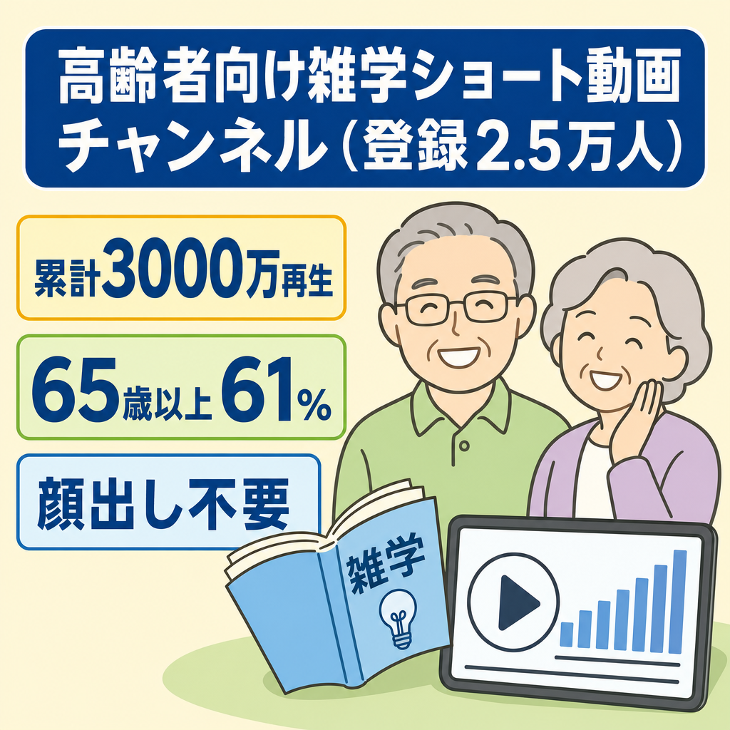 登録者2.5万人【高齢者向け雑学ショート】1ヶ月半の運営で累計3000万回再生｜収益条件達成済み｜収益化未申請｜BGM収益月40万円