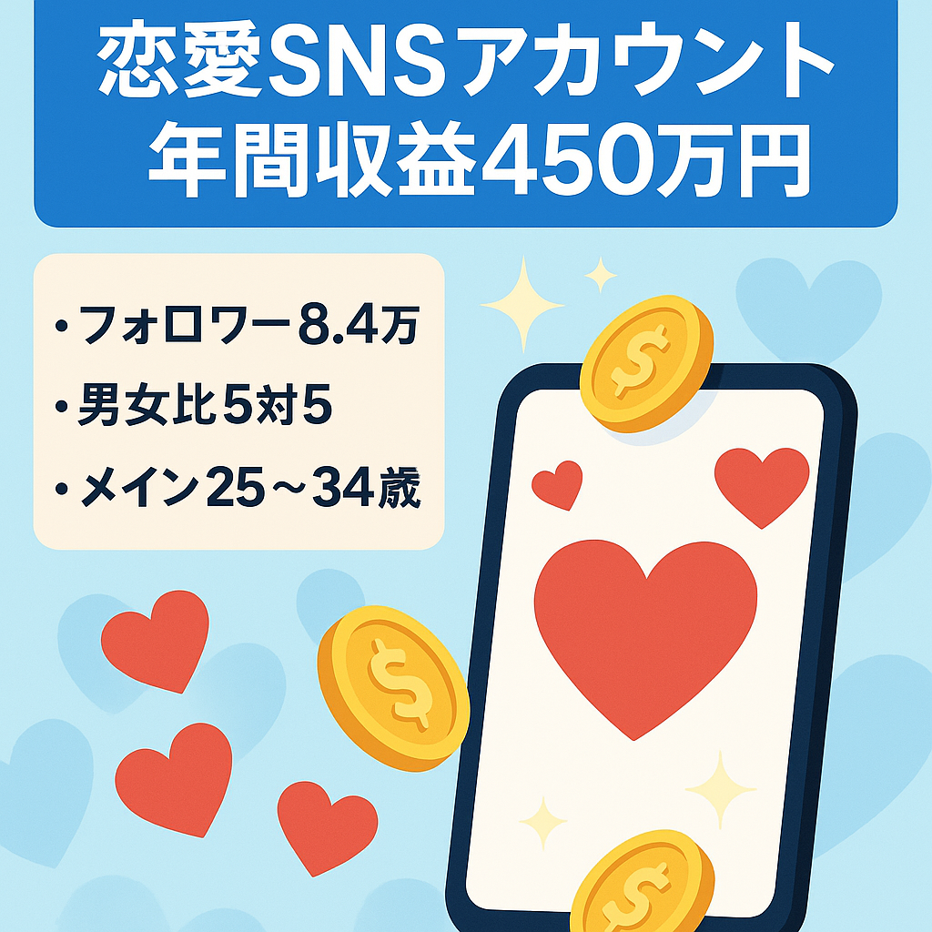 【年間収益450万円超】恋愛アカウント／フォロワー8.4万人｜メイン層25〜34歳／アフィリエイト収益100%
