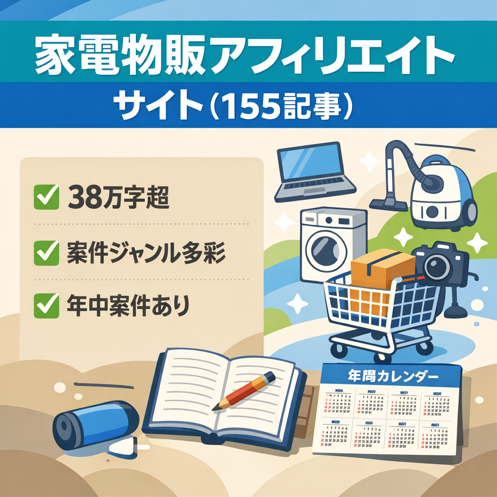 【155本の記事、文字数384,305文字】家電製品の情報を発信する物販アフィリエイトサイト