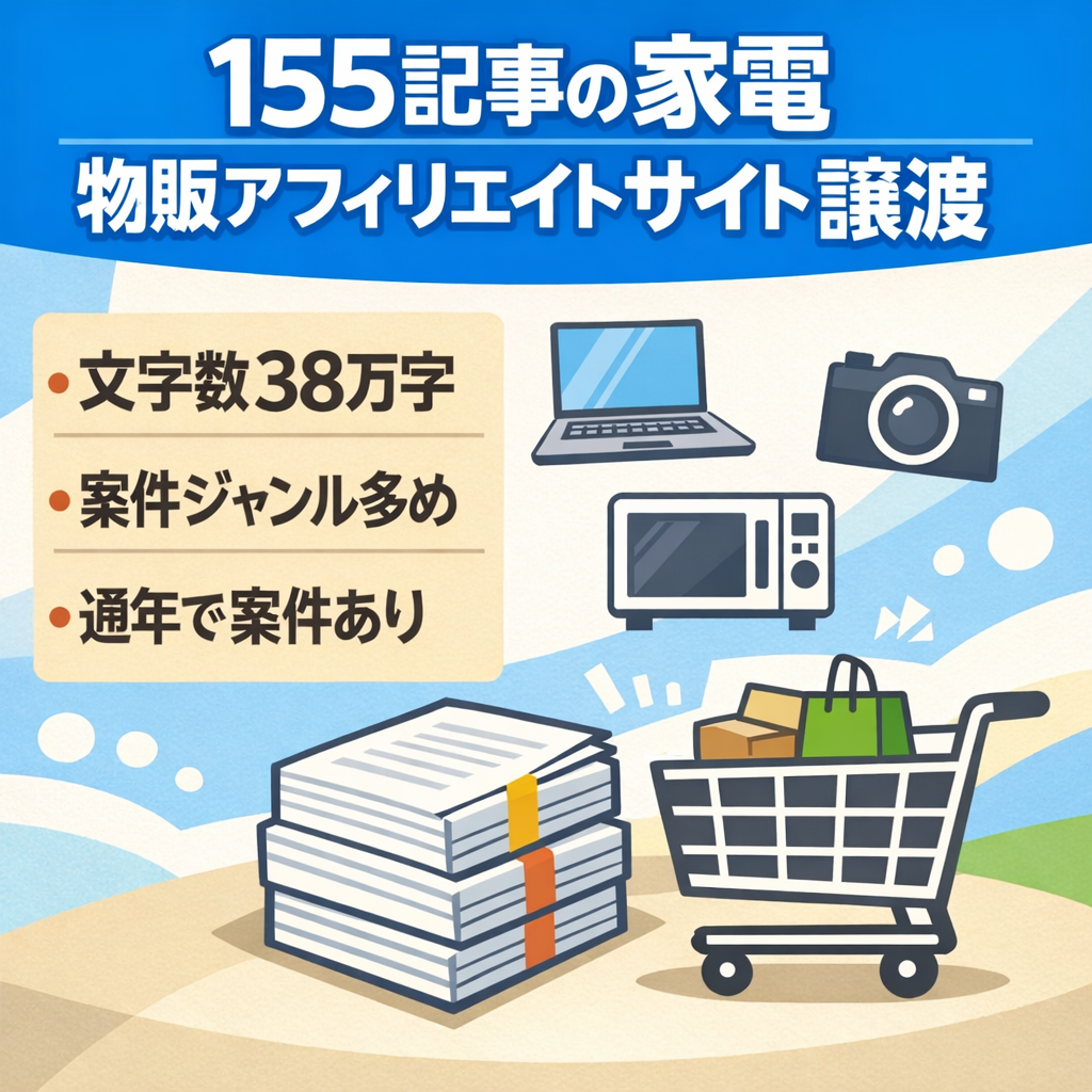【155本の記事、文字数384,305文字】家電製品の情報を発信する物販アフィリエイトサイトの譲渡