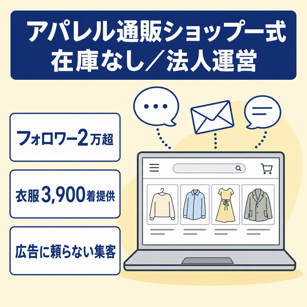 アパレルEC事業一式｜BASEショップ＋Instagramアカウント＋LINE公式＋メルマガ｜インフルエンサー提供実績3,900着｜在庫なし・法人運営