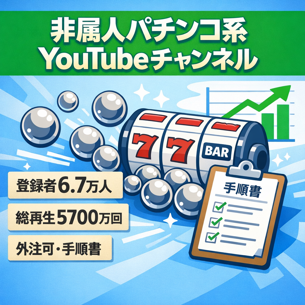 【週1更新で2025年収益460万】非属人のパチンコ系YouTubeチャンネル｜登録者67,000人｜顔出し,声出し不用｜外注可、制作マニュアル付【運営5年目】 (価格相談歓迎)