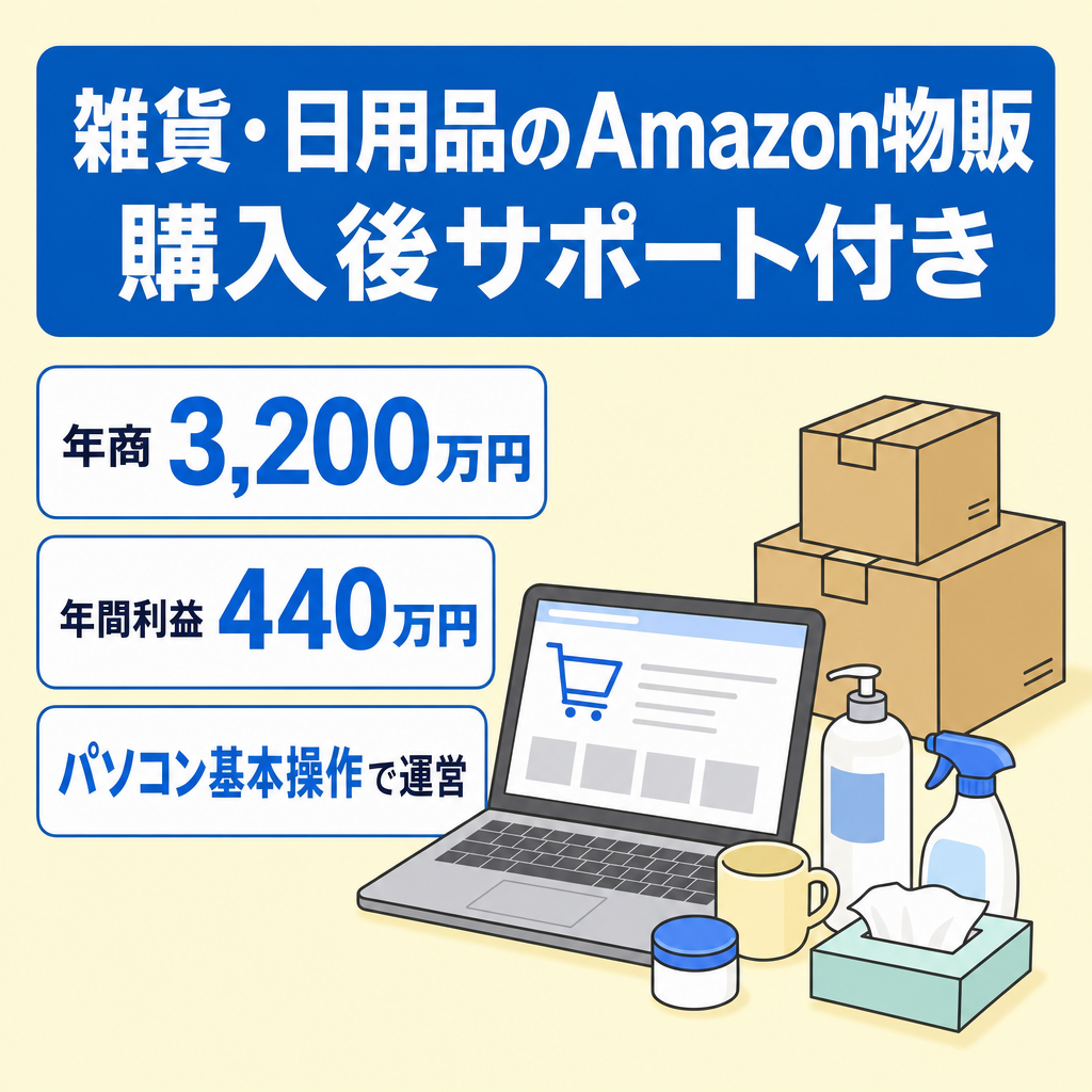 EC事業：【年商3,200万円・年間利益440万円】Amazon物販EC事業｜雑貨・日用品・DIY・カー用品などオールジャンル・購入後サポート付き