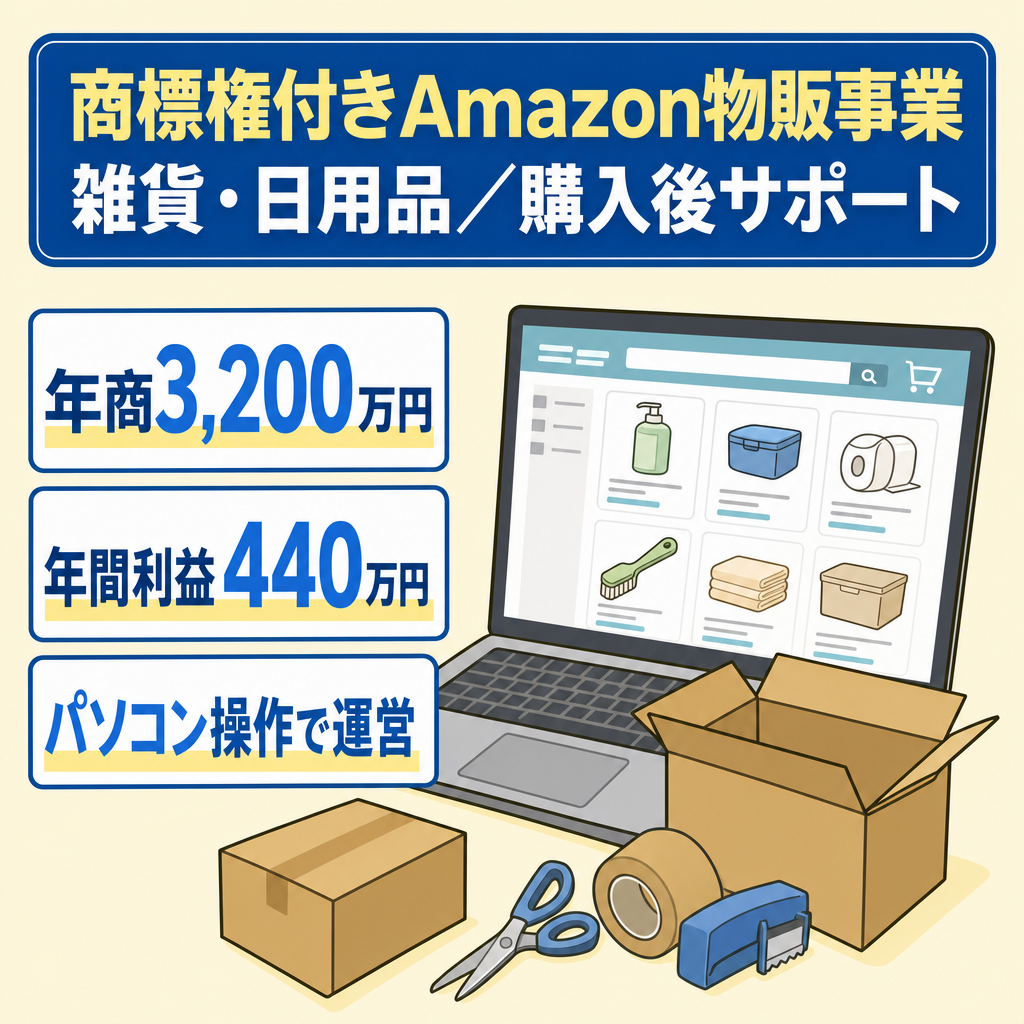 EC事業：【年商3,200万円・年間利益440万円】商標権付き・Amazon規約に沿った事業承継が可能/Amazon/物販/雑貨・日用品・DIYなどオールジャンル・購入後サポート付き