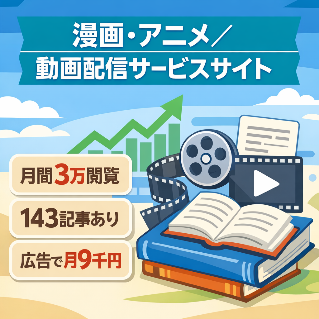 【月間3万PV】現状漫画・アニメ・VOD紹介サイト アフィリエイト・アドセンスに最適（143記事）現状アドセンスで月9000円