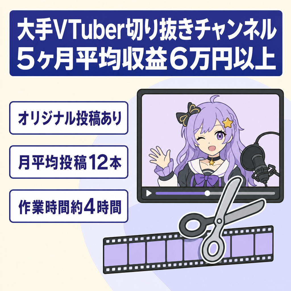 大手Vtuber切り抜きチャンネル　５ヶ月平均収益6万円以上　2026年2月収益化済み　違反/警告/ペナルティ無し