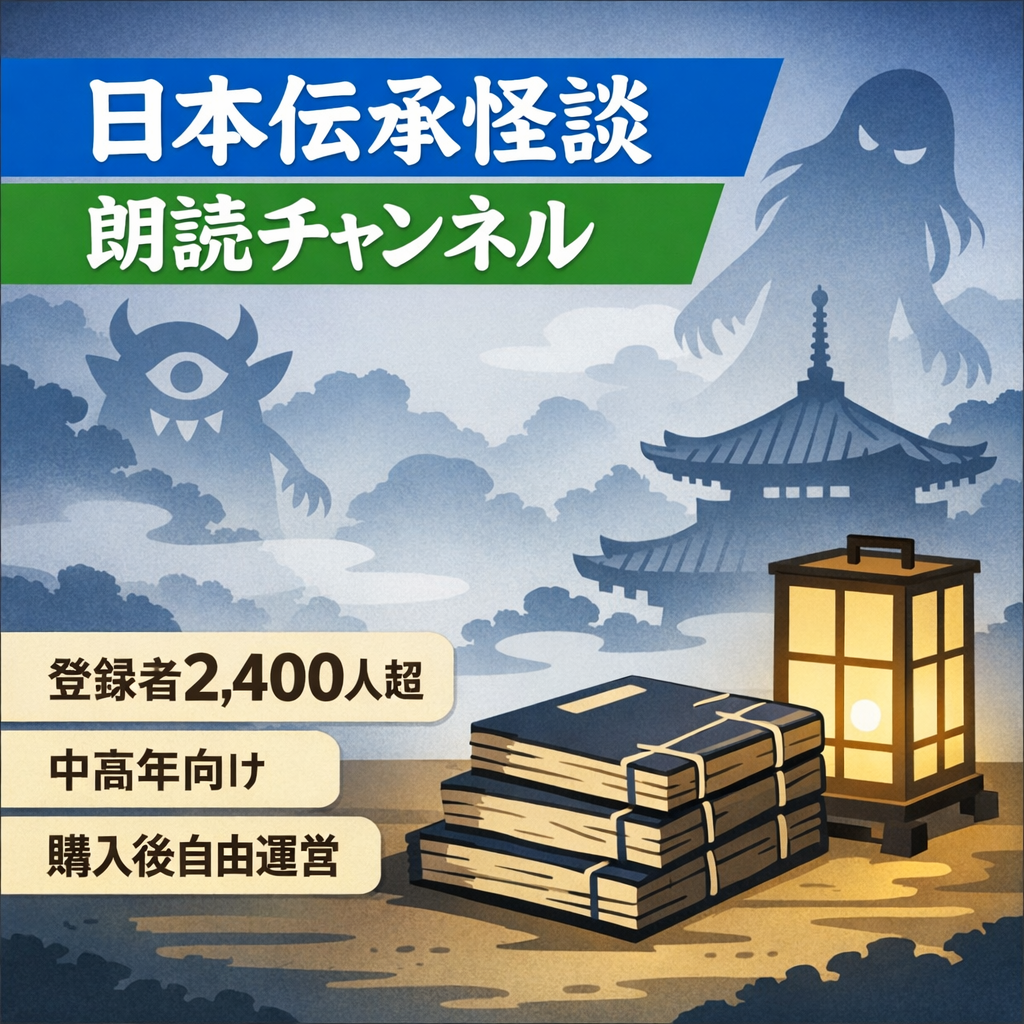 訳あり：訳アリ｜日本の伝承怪談に特化したYouTubeチャンネル｜登録者2,400人超｜落ち着いた朗読・中高年視聴者中心｜世界観構築済・購入後は自由運営