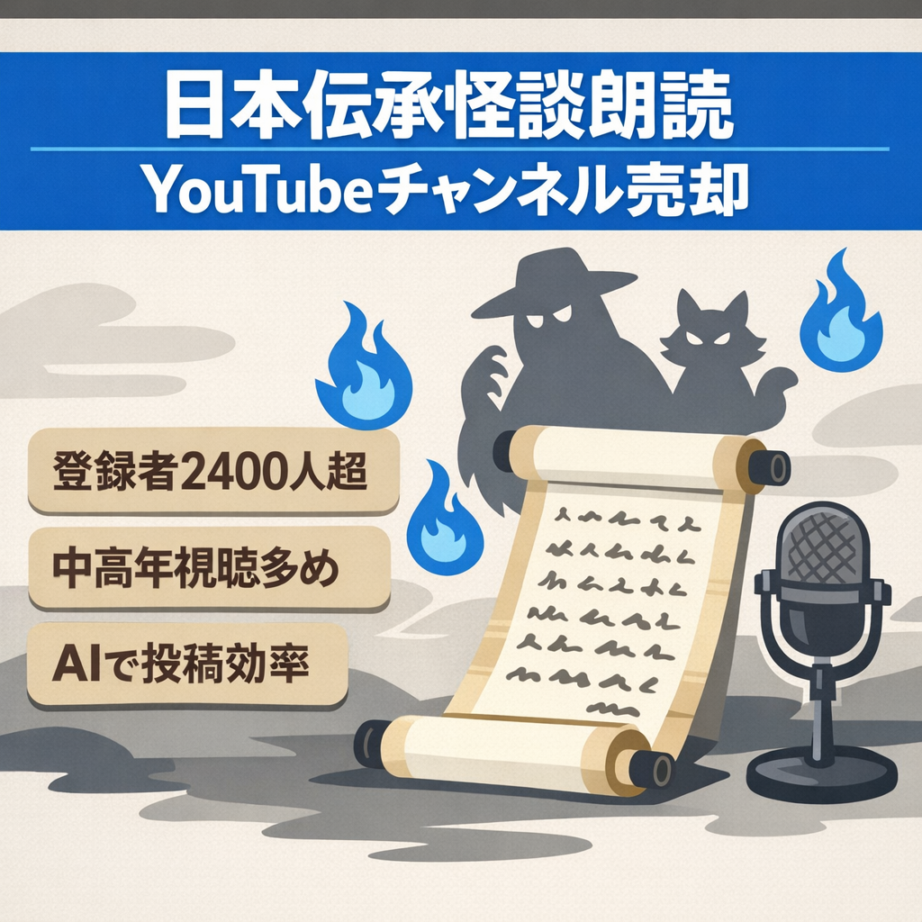 訳あり：日本の伝承怪談に特化したYouTubeチャンネル｜登録者2,400人超｜落ち着いた朗読・中高年視聴者中心｜世界観構築済・購入後は自由運営