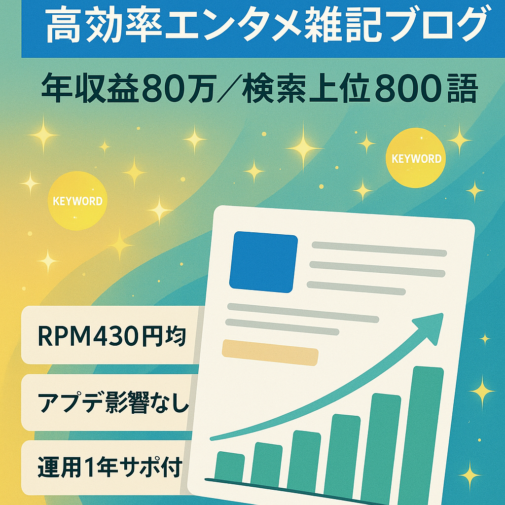 最終値下!【年間収益80万円超!最高月収13万円】検索1ページ目キーワード800個！運用歴1年超の高効率エンタメ雑記ブログ（マニュアル＆アフターフォロー付き）