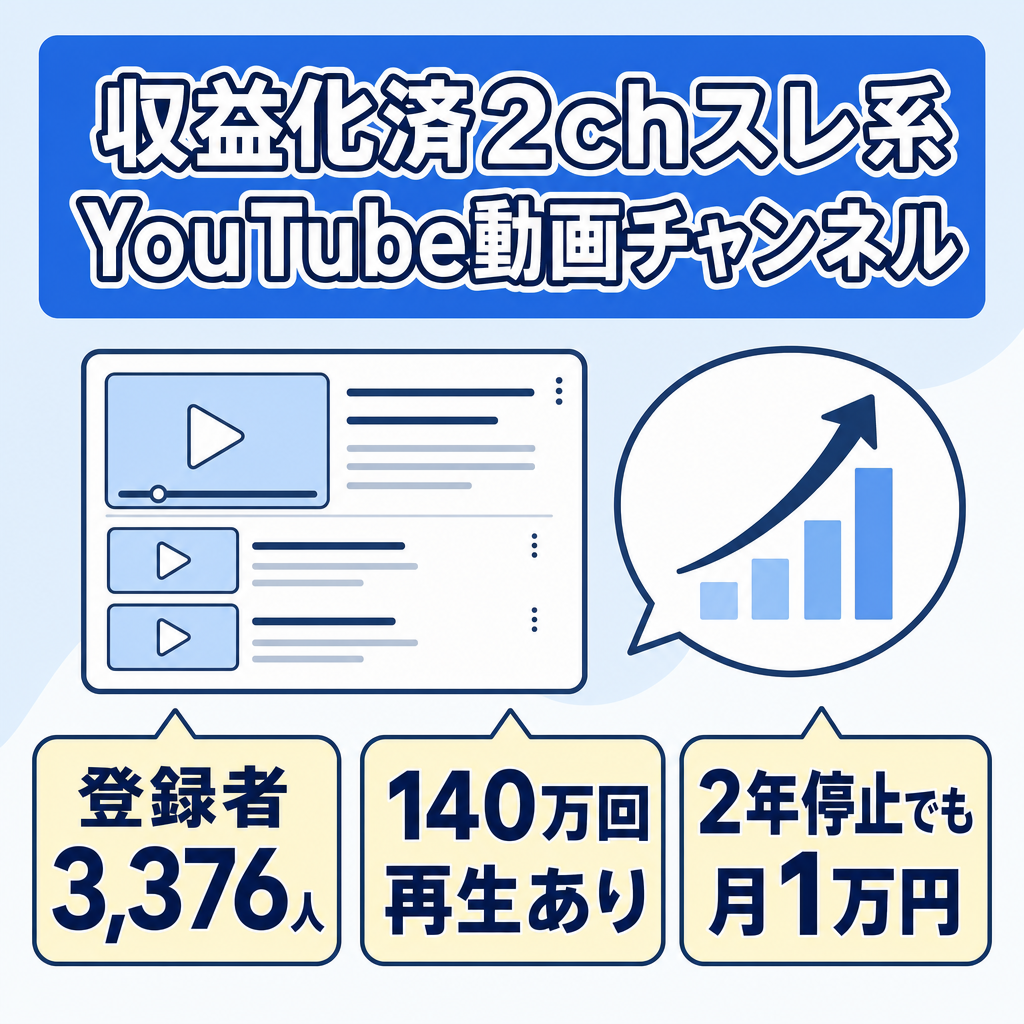 【収益化済！登録者3,376人】2chスレ系YouTube動画チャンネル【属人性なし】｜140万回再生、コメント数2,777の動画あり