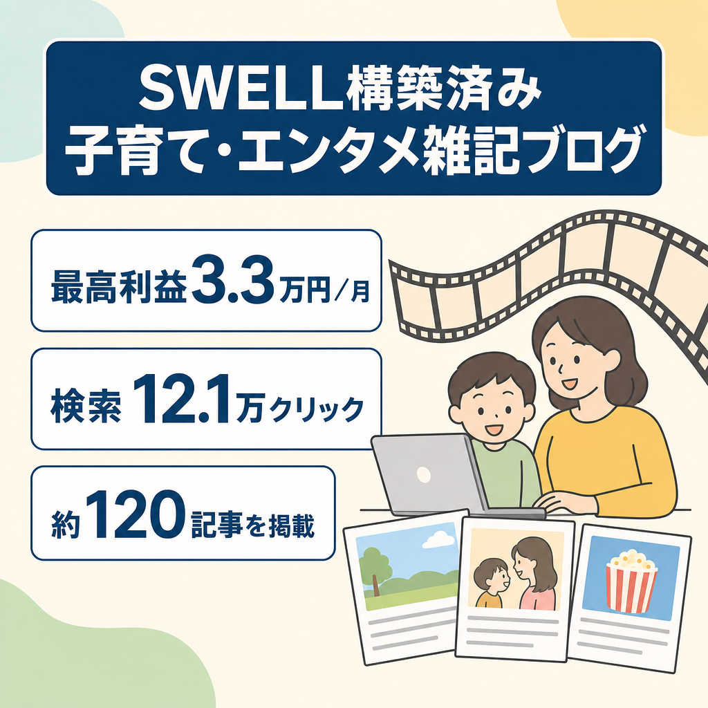 【過去1年最高利益3.3万円/月・検索12.1万クリック実績】子育て・エンタメ雑記ブログ｜約120記事｜SWELL