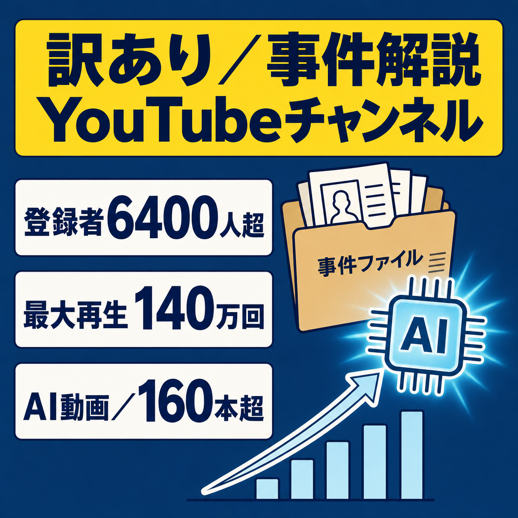 訳あり：チャンネル登録者数6400人超え！最大再生数140万AI動画を獲得した動画アリの事件解説系チャンネル