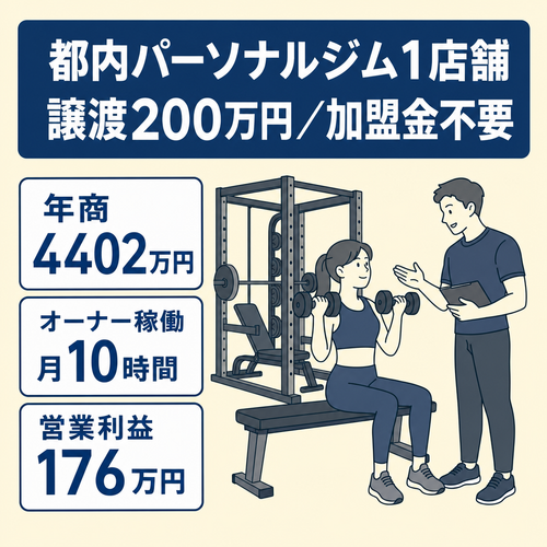 都内パーソナルジム1店舗／内装・設備付きで譲渡価格200万円・加盟金不要