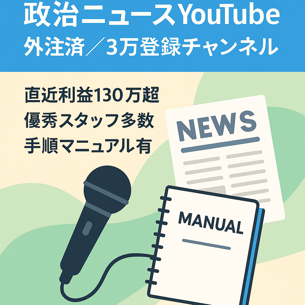 【直近利益130万超】登録者数3万人・ニュース政治ジャンル　外注チーム仕組化＆マニュアル整備管理済！【フル外注/属人性ゼロ】