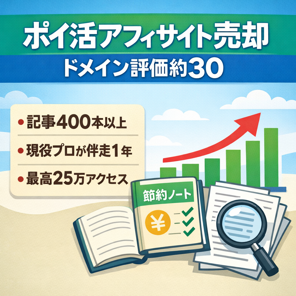 【現役プロの1年伴走可】DR約30・400記事超のポイ活アフィサイト。最新SEO知見の共有とリバイバル運用をサポート
