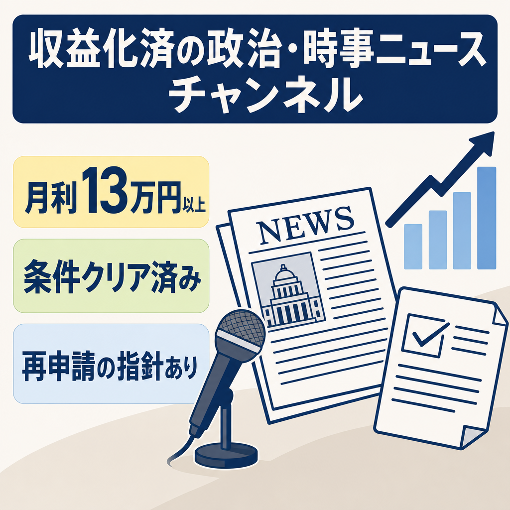 【訳あり・高RPM・収益化済】政治・時事ニュース特化チャンネル｜月利13万円以上｜広告単価の高い中高年層リスナー多数