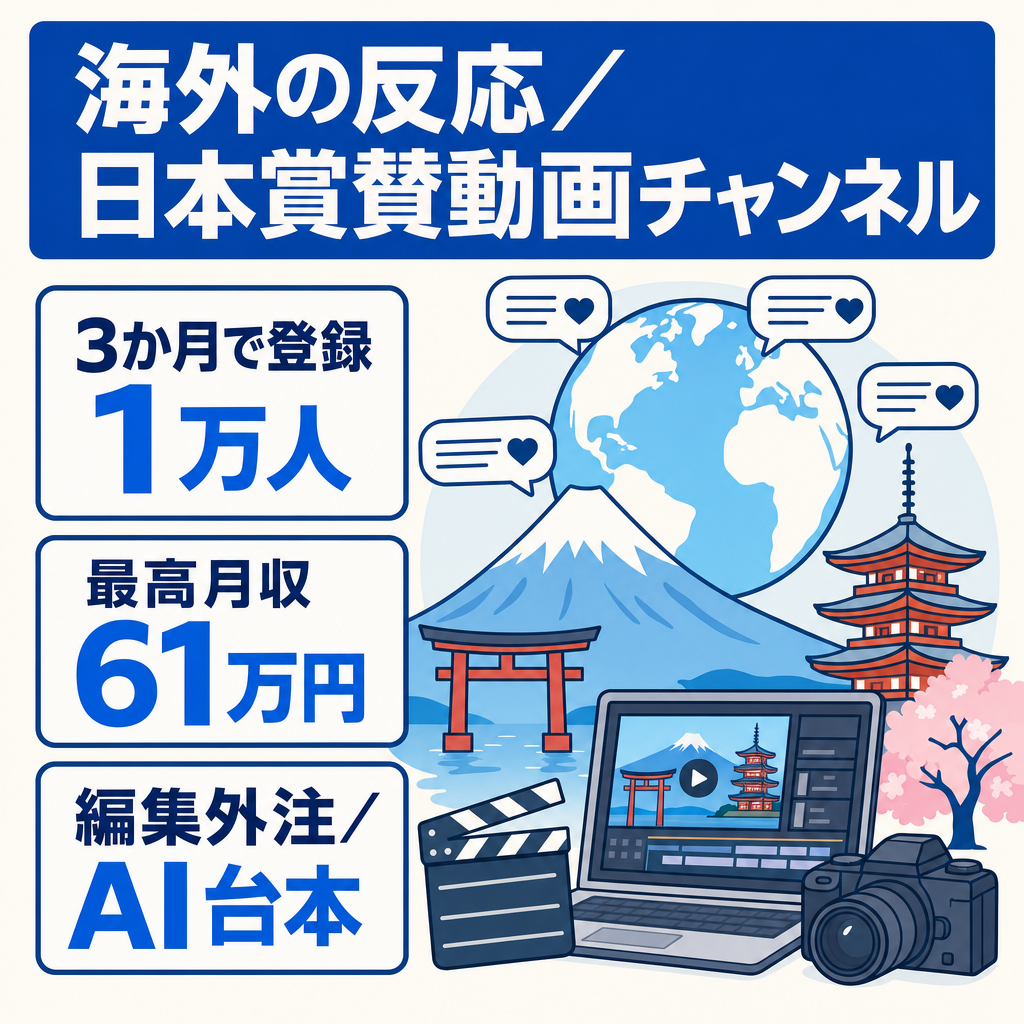 チャンネル開設後約3か月で登録者1万人超！最高月収61万円！動画編集外注化済み！シナリオ作成はAI使用！海外の反応日本賞賛系チャンネル