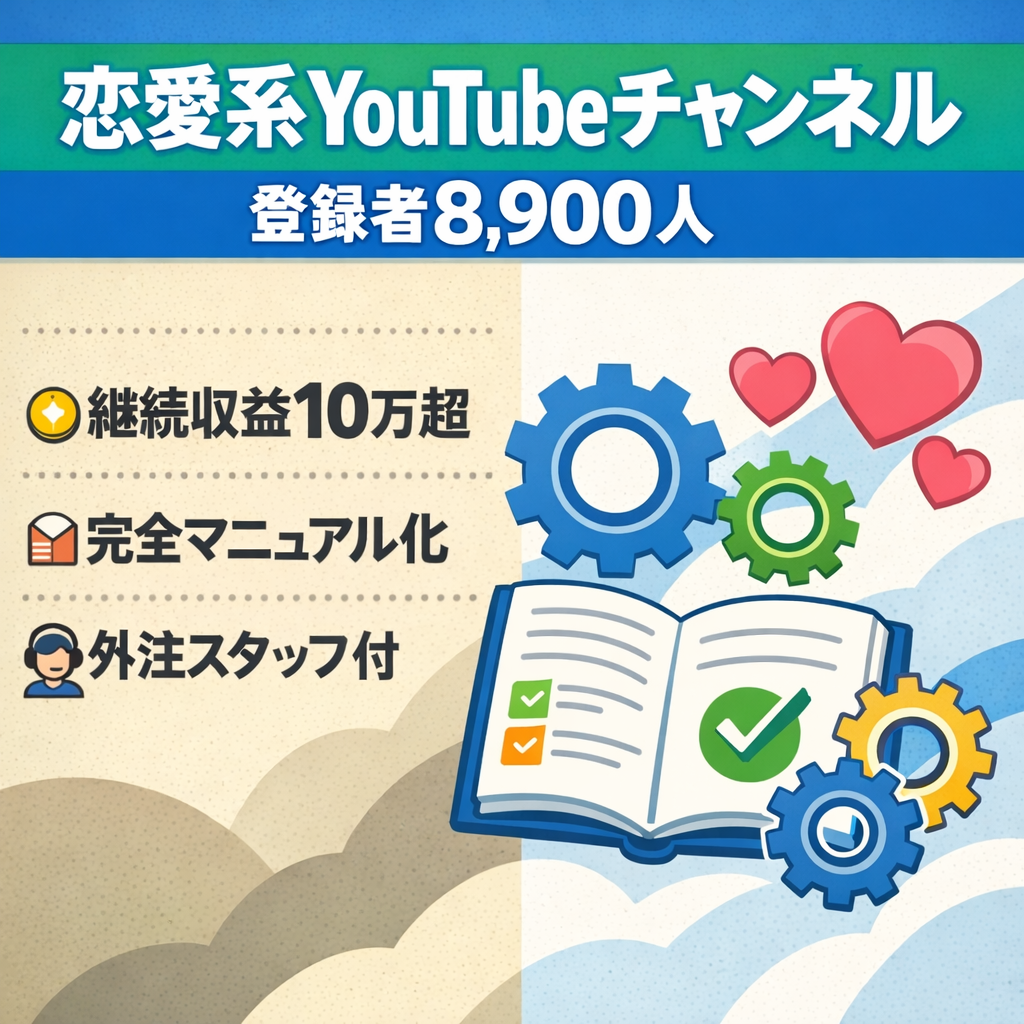 【運用4ヶ月で継続収益10万超え】非属人恋愛系YouTube｜登録者8,900人｜顔出し不用｜合成音声不用で収益停止リスク減に成功｜マニュアル、プロンプト、外注スタッフ付