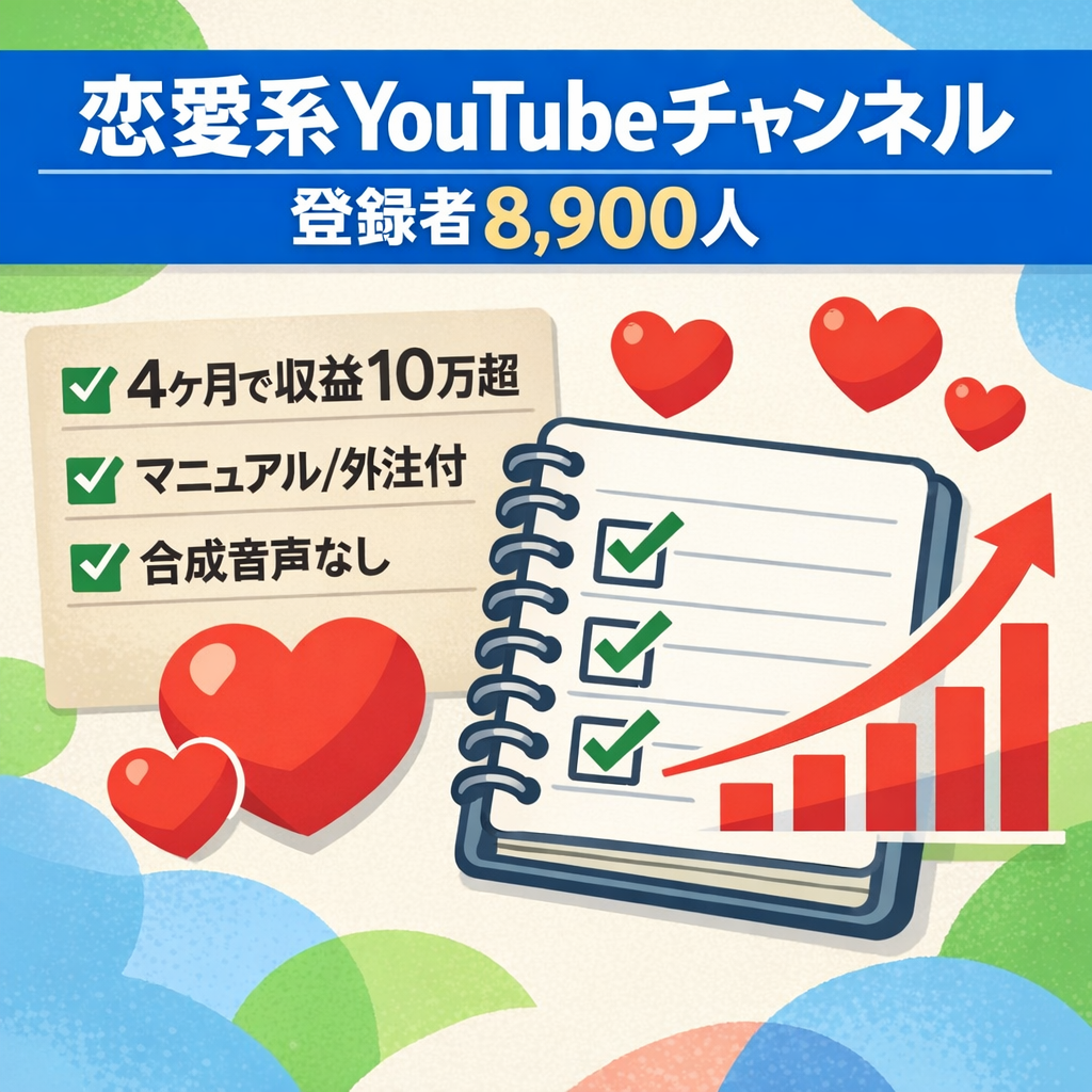 【運用4ヶ月で継続収益10万超え】非属人恋愛系YouTube｜登録者8,900人｜顔出し不用｜合成音声不用で収益停止リスク減に成功｜マニュアル、プロンプト、外注スタッフ付