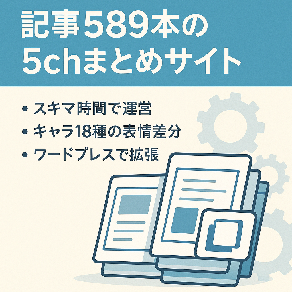 【記事数589】5chまとめサイト スキマ時間に好きなスレッドをコピペして投稿するだけでOK！見やすいサイト構成で将来性あり