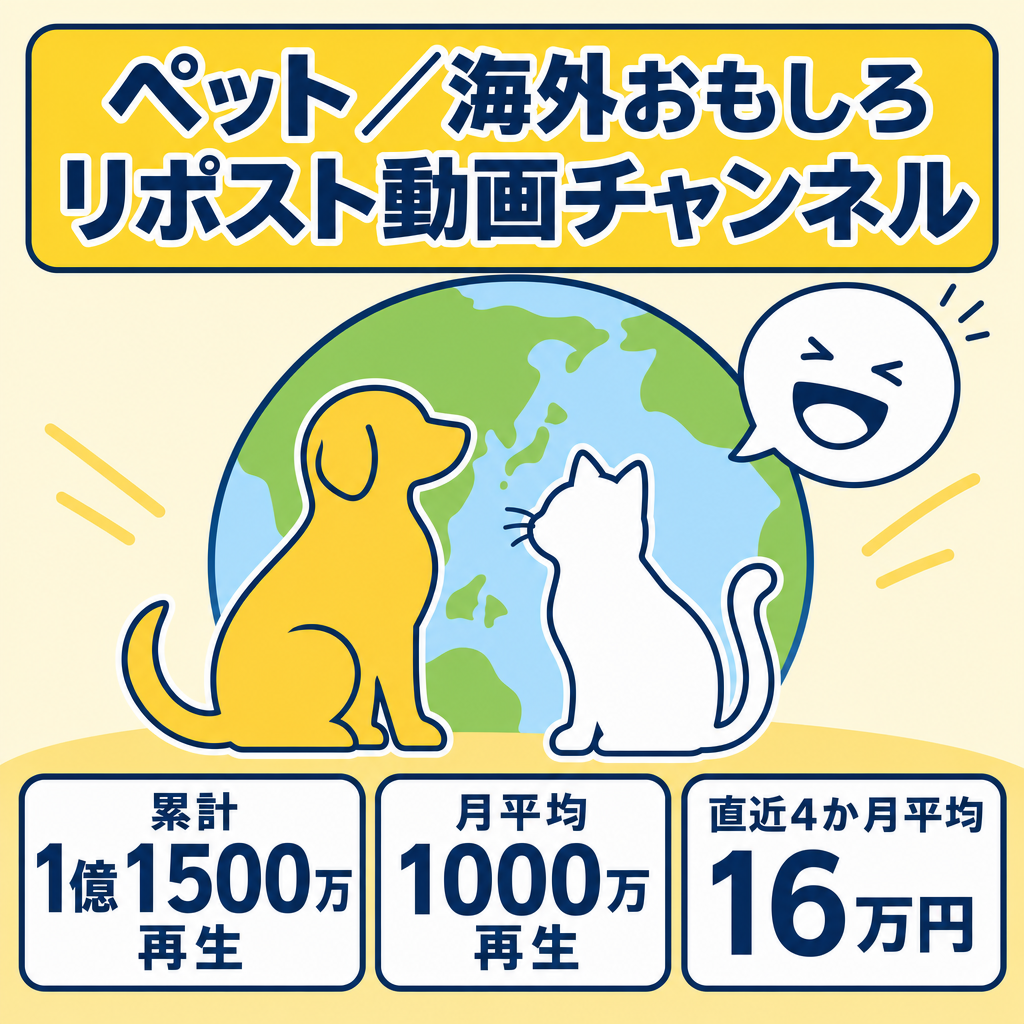 リポスト、切り抜き 直近5ヵ月間の平均月収17万円越え！総再生回数1億1千万回越え！ペット・海外おもしろ系リポストチャンネル！