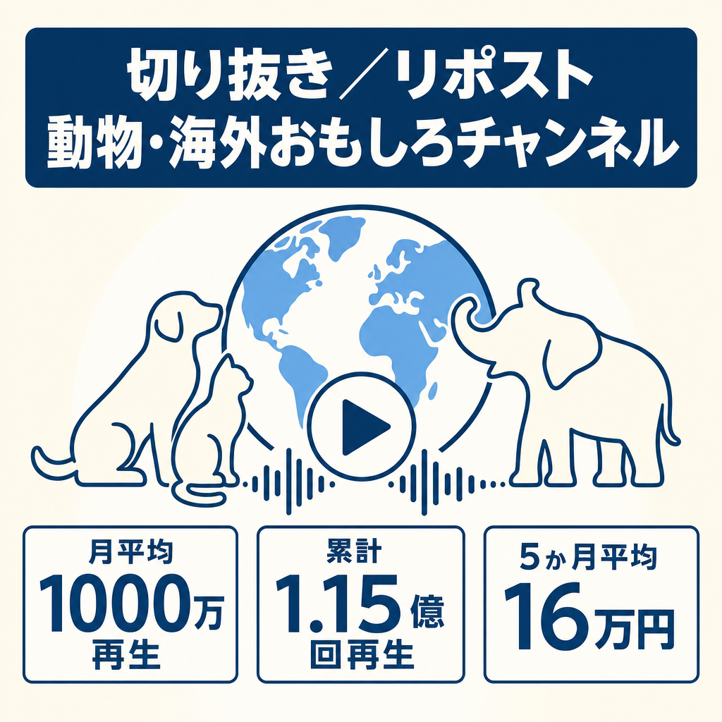 切り抜き：リポスト：直近5ヵ月間の平均月収17万円越え！総再生回数1億1千万回越え！動物・海外おもしろ系チャンネル！