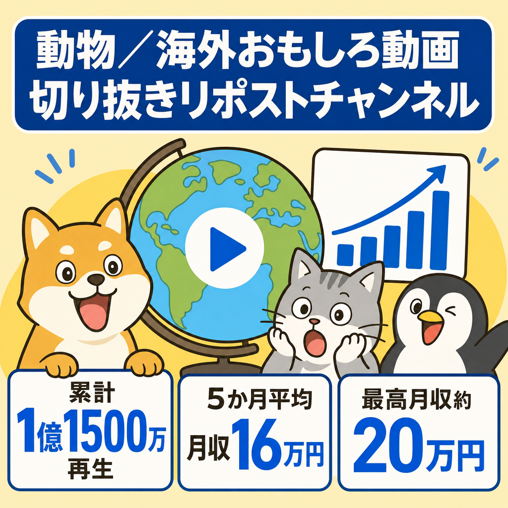 切り抜き：リポスト：収益化再審査合格！直近5ヵ月間の平均月収17万円越え！動物・海外おもしろ系チャンネル！